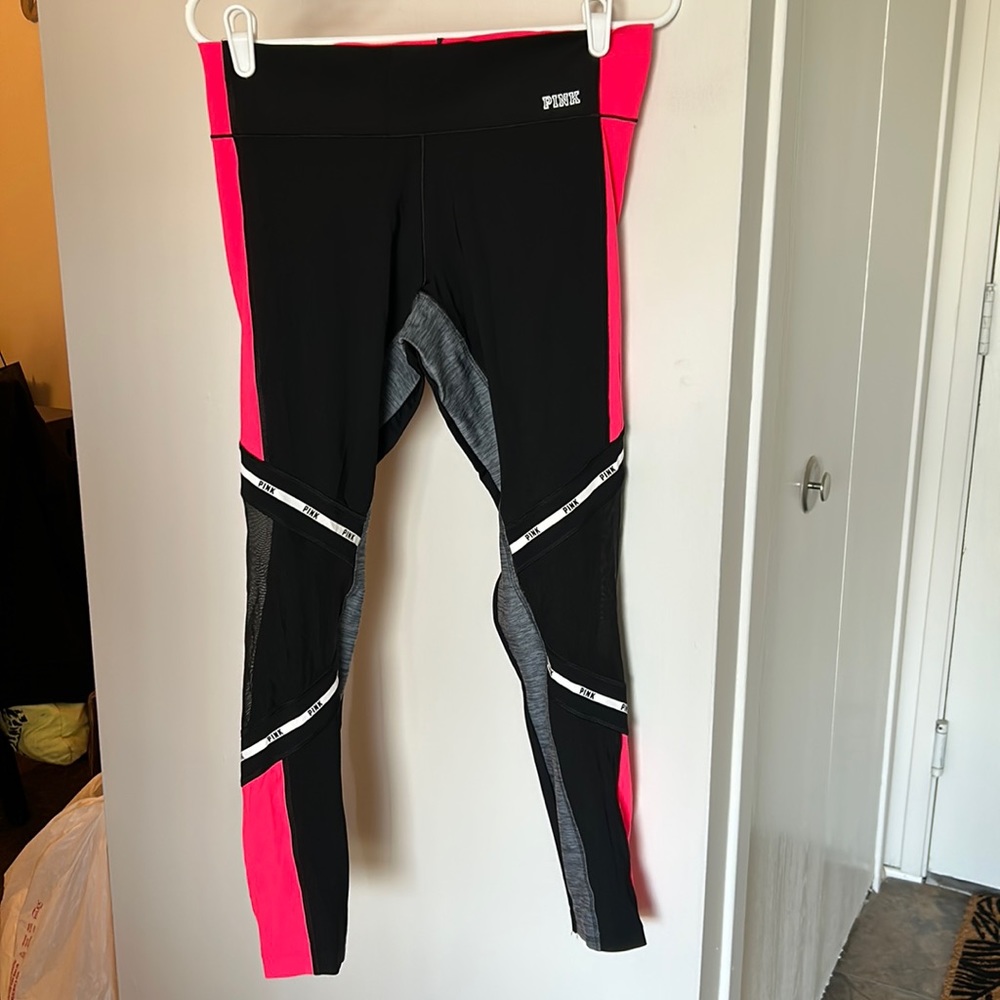 PINK Ultimate black, grey, and hot pink legging with mesh detailing size M